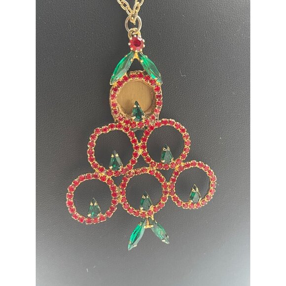 Vintage Rhinestone Christmas Tree Pendant Necklace With Gold-Tone Chain & Red/Gr - Picture 16 of 16